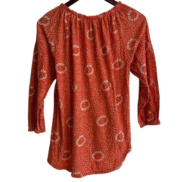 Lucky Brand Orange Medallion Print Split Tie Neck Peasant Blouse Top L - Picture 6 of 6